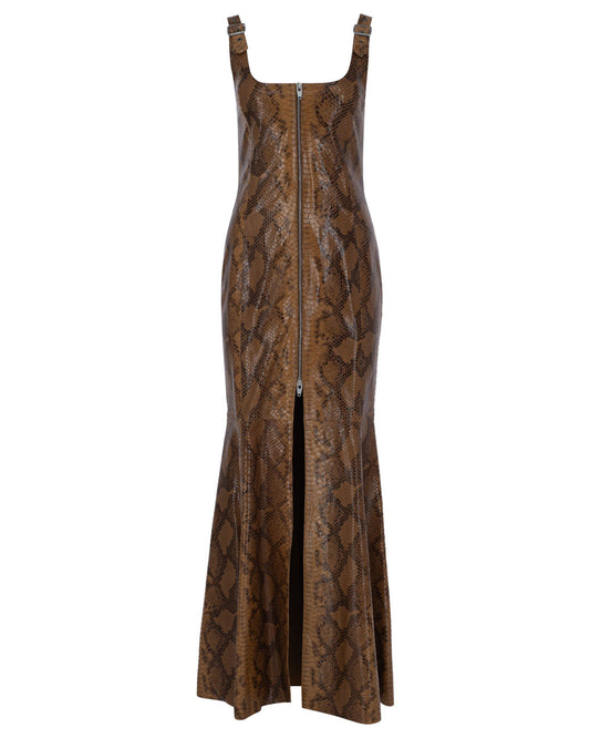 Snakeprint Flare Leather Maxi Dress