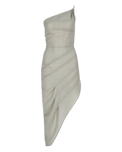 Asymmetric Ruched Linen Dress