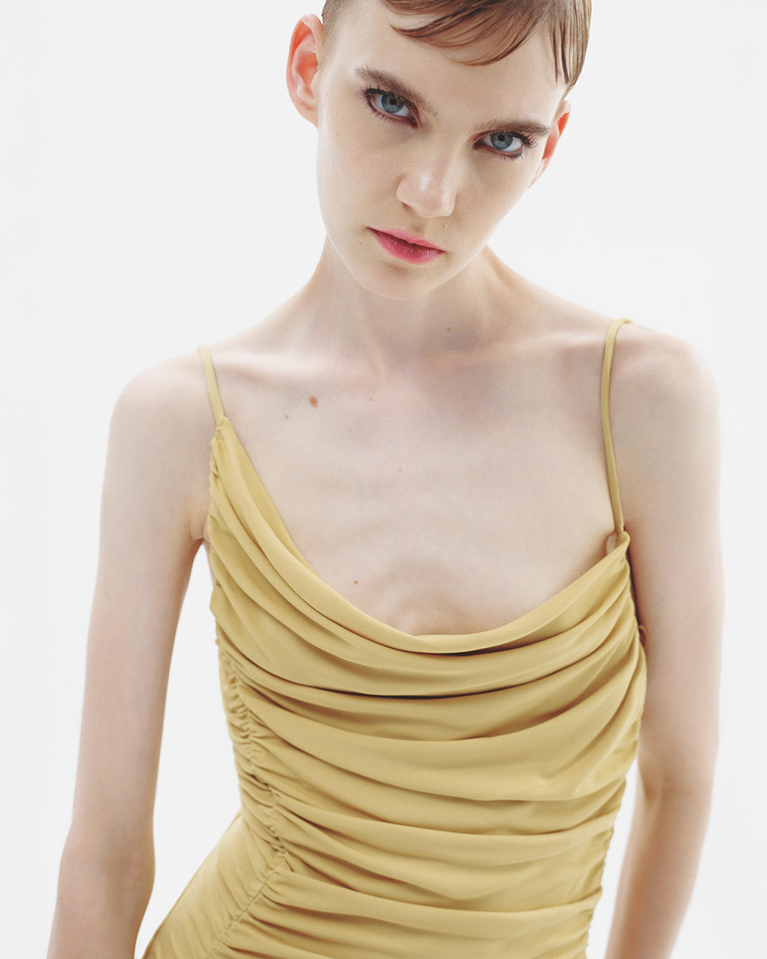 Asymmetric Neck Ruched Mini Jersey Dress