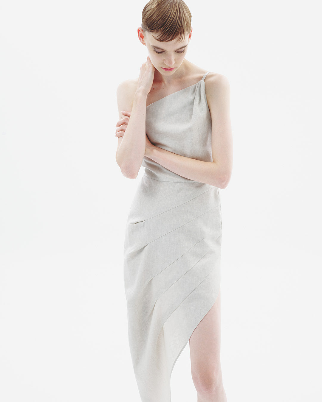 Asymmetric Ruched Linen Dress