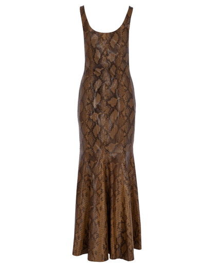 Snakeprint Flare Leather Maxi Dress